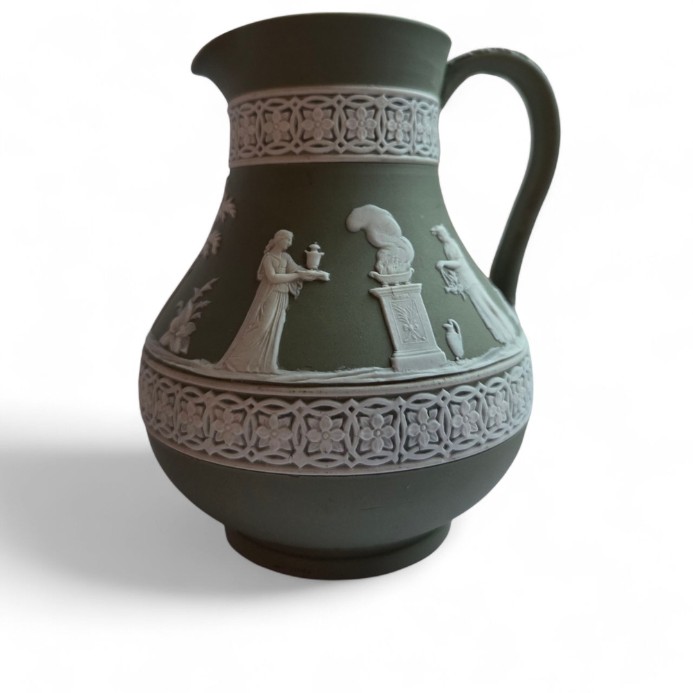 Antique Wedgwood Jasperware Dip Pitcher – Medium Celadon Green & Cream – Grecian